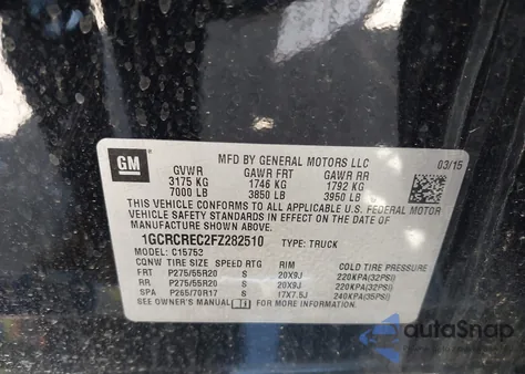 2015 Chevrolet Silverado 1500 1Lt из США, поврежденный, VIN 1GCRCREC2FZ282510